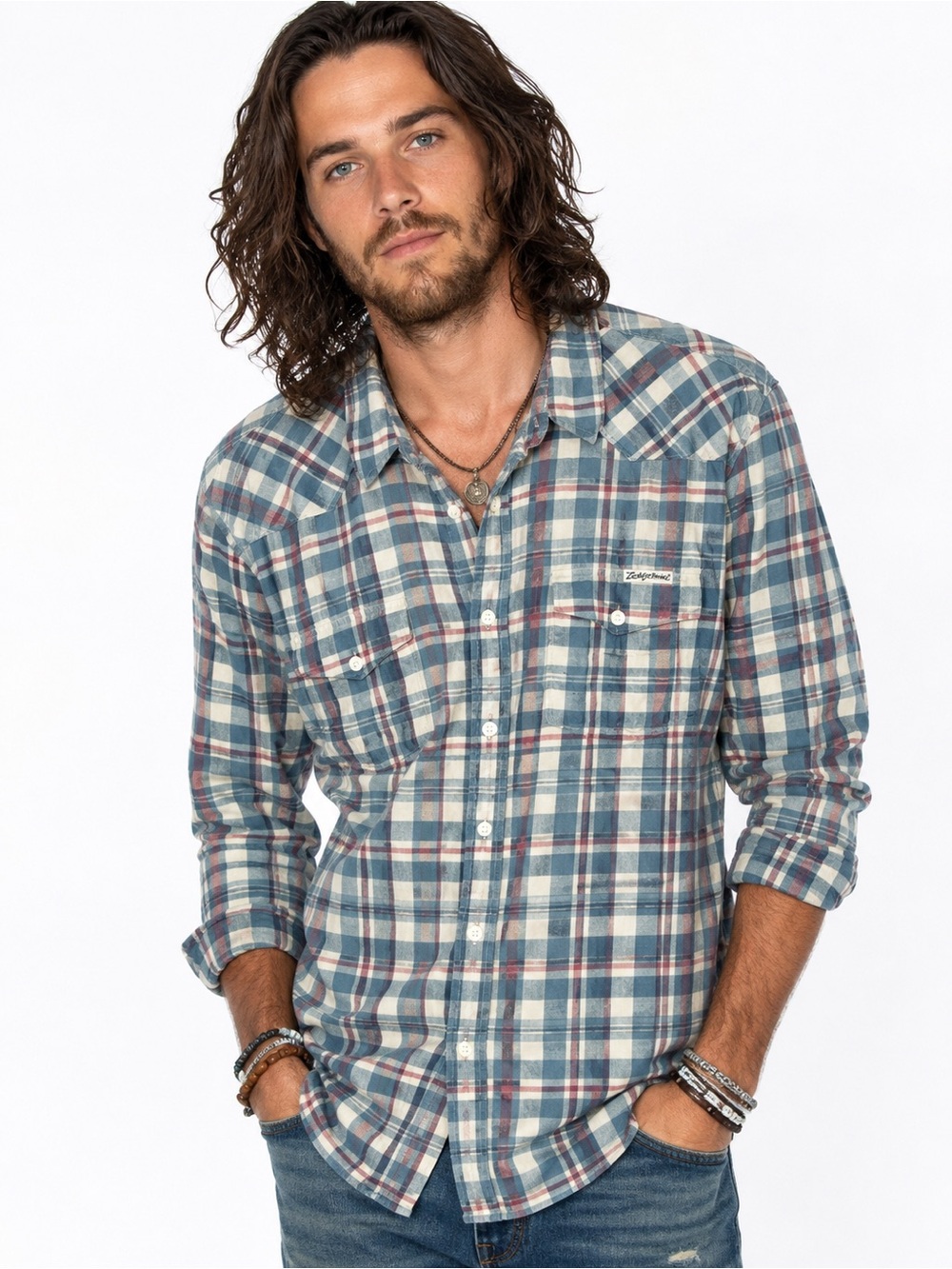 Lucky Brand Western Plaid Pearl Snap Button Up Shirt Large Blue Red Cotton